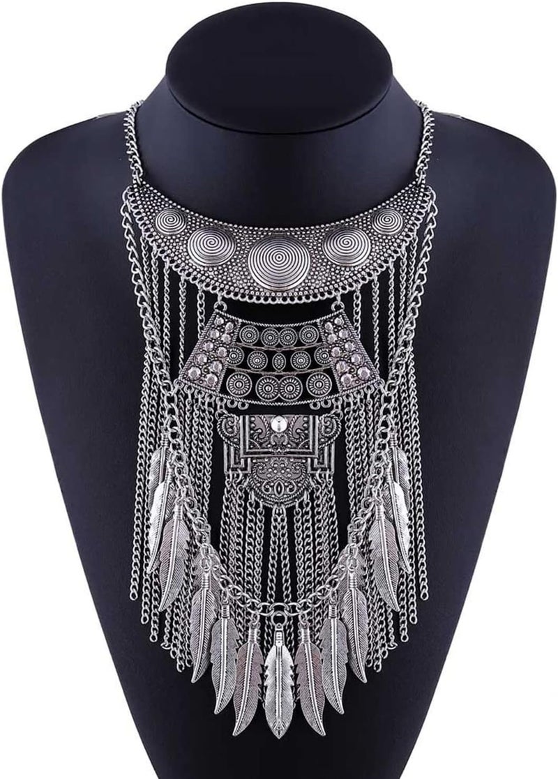 CCBFY Long Tassel Chunky Boho Coin Statement Necklace For Women Silver - Image 1